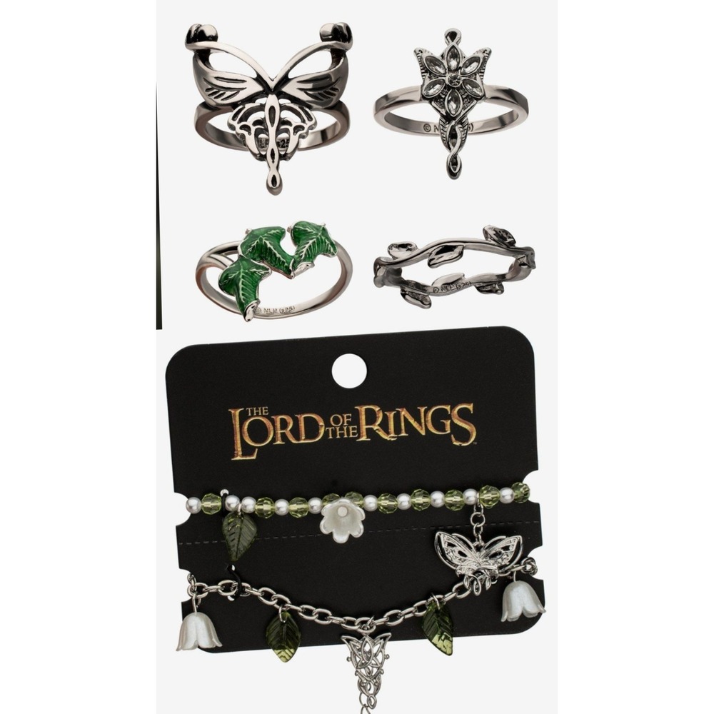 The Lord Of The Rings Elven Bracelet Set of 2 Silver Beaded Green & 4 Rings Set‎